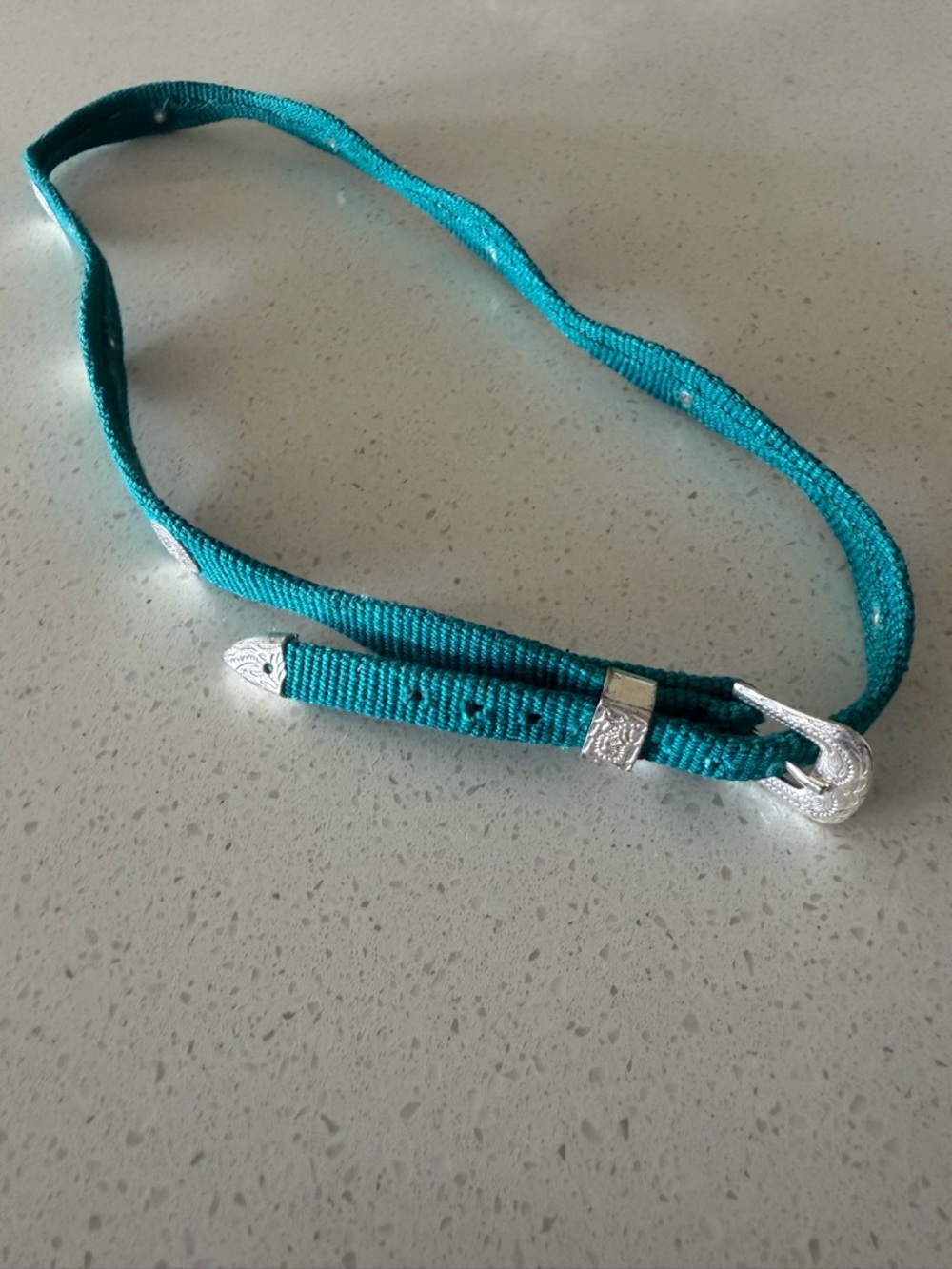 Teal cowboy hatband with faux Silver Western Buckle Accent